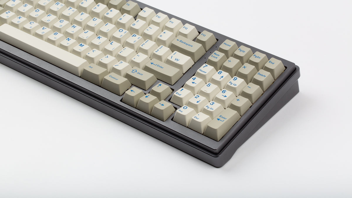  GMK CYL Blue Alert R2 on a grey keyboard angled close up on right side 