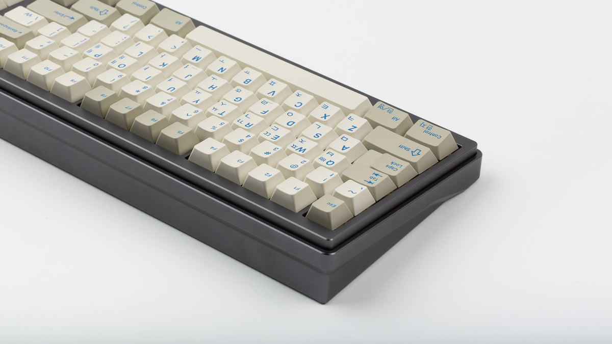  GMK CYL Blue Alert R2 on a grey keyboard angled back view close up on left side 