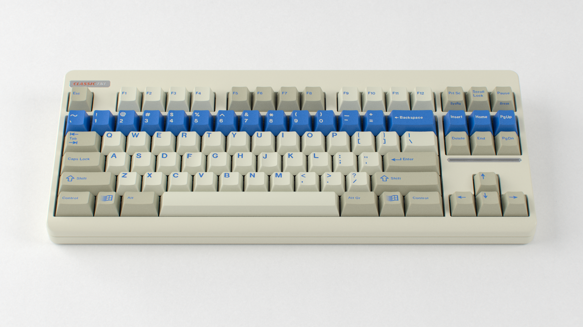 render of GMK CYL Blue Alert on a Beige Classic TKL