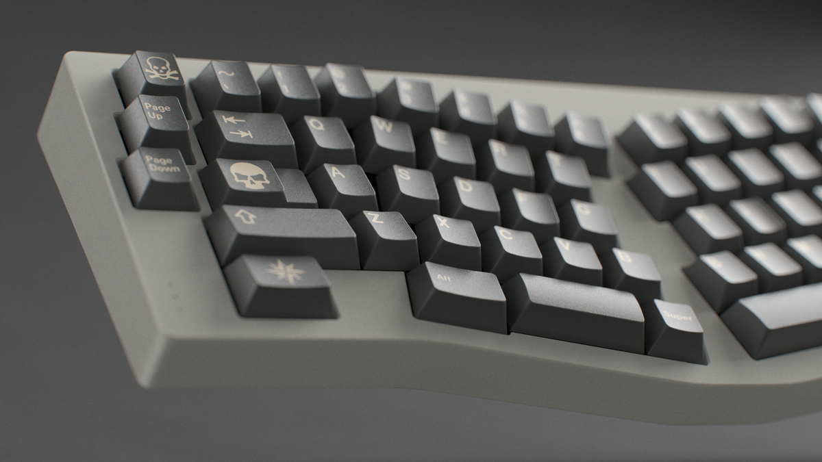  render of GMK CYL Boneyard on a TGR Jane keyboard close up on left side 