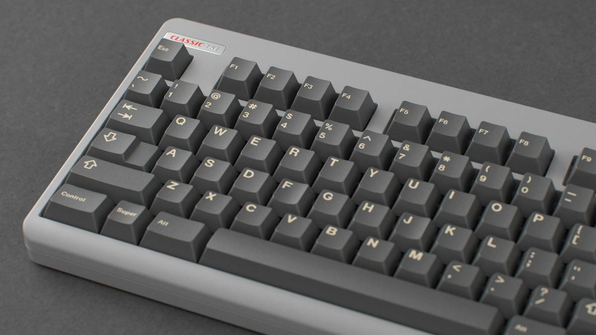  render of GMK CYL Boneyard on a Grey CLASSIC-TKL keyboard close up on left side 