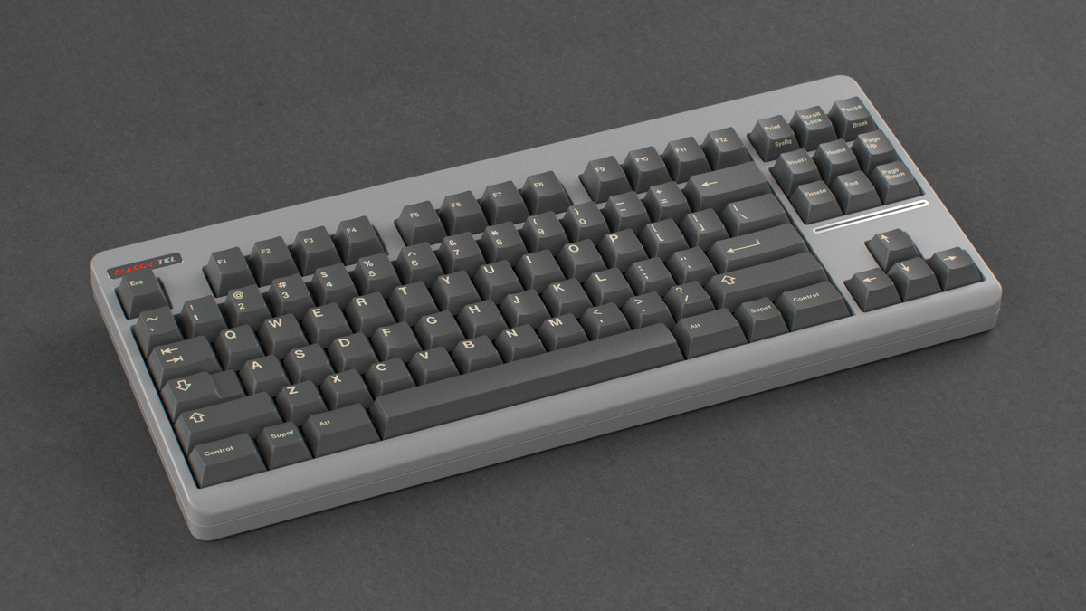  render of GMK CYL Boneyard on a Grey CLASSIC-TKL keyboard angled 