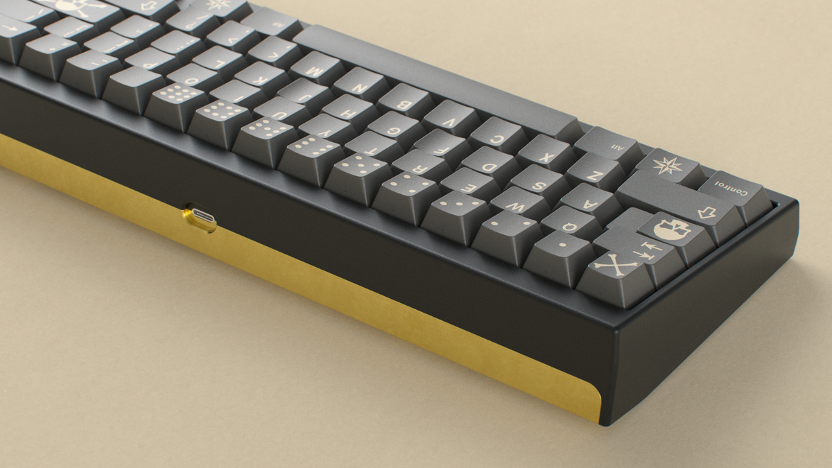  render of GMK CYL Boneyard on a black keyboard back view close up on left side 