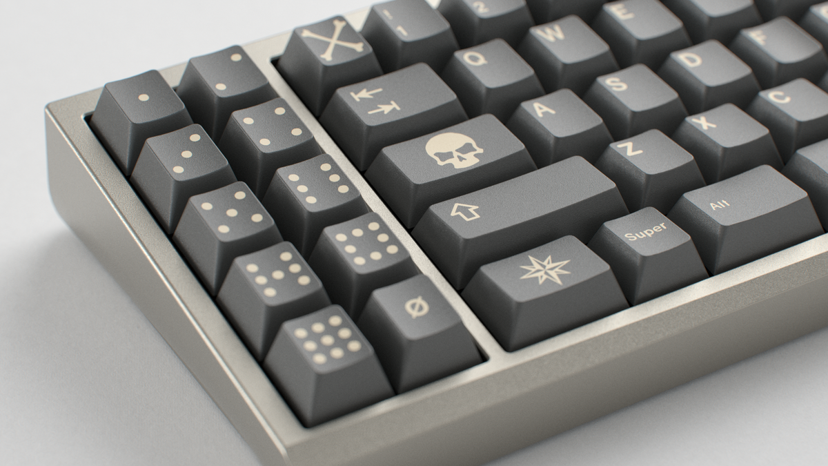  render of GMK CYL Boneyard on a grey keyboard close up on left side angled 