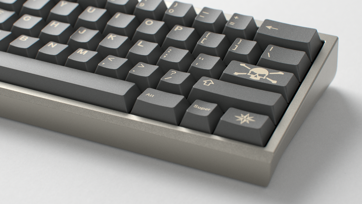  render of GMK CYL Boneyard on a grey keyboard close up on right side angled 