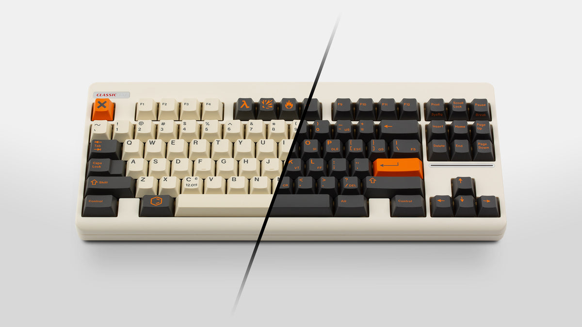  GMK CYL Carbon R3 on a cream colored keyboard preview of both base kits 