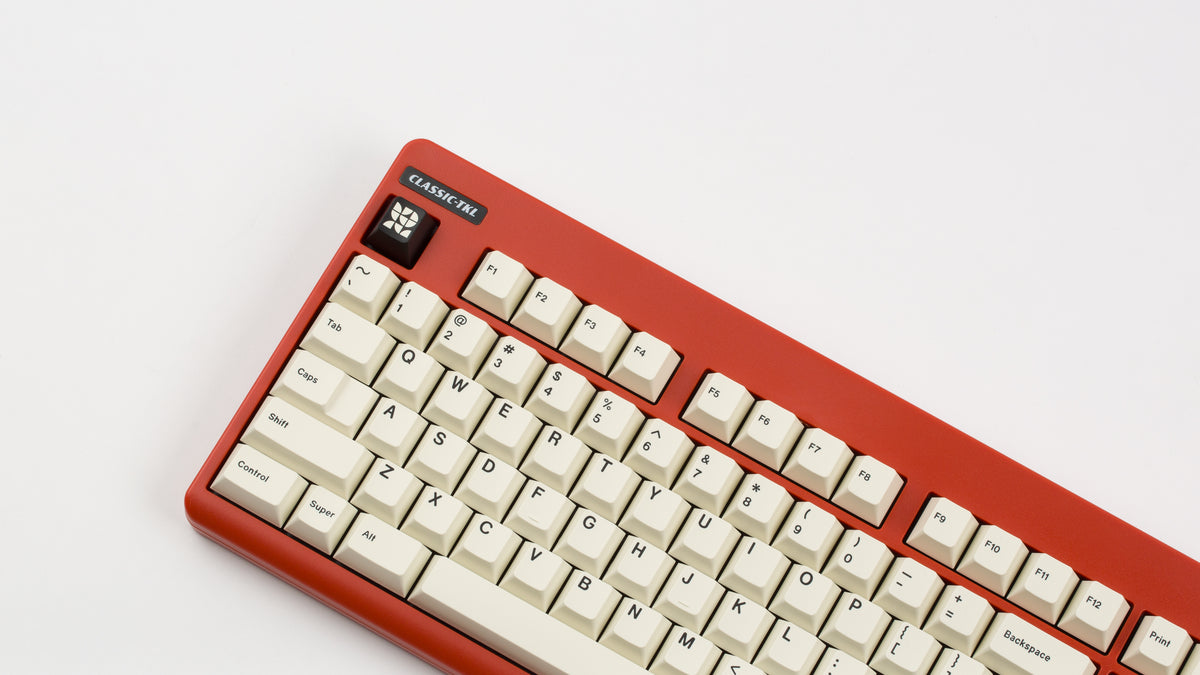  GMK CYL Creme on an ironstone Classic TKL keyboard close up on left side 