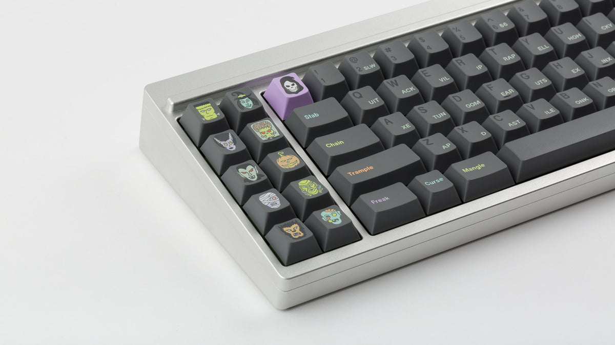  GMK CYL Fright Club on a silver keyboard zoomed in on left 