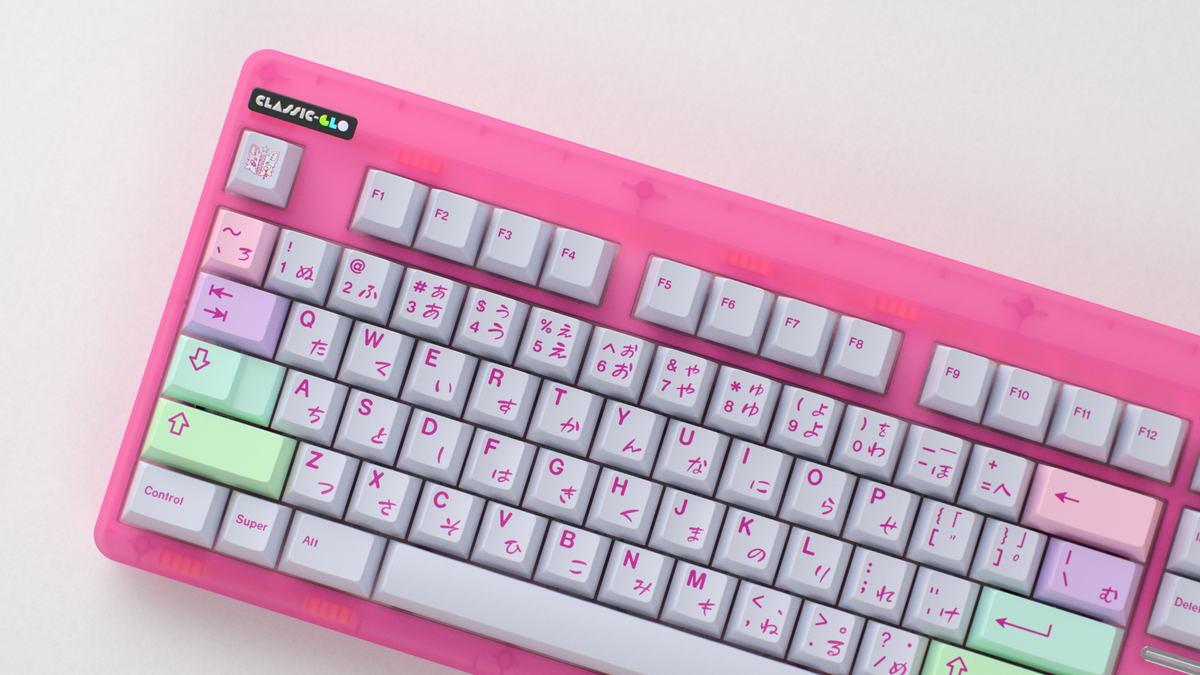 render of GMK CYL Gurokawa on a Pink CLASSIC-GLO keyboard close up on left side angled 