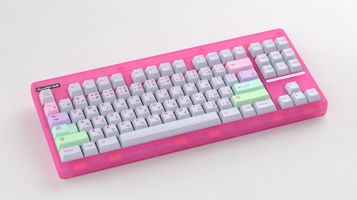  render of GMK CYL Gurokawa on a Pink CLASSIC-GLO keyboard angled 