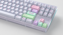 Load image into Gallery viewer, render of GMK CYL Gurokawa on a greenish and silver keyboard close up on right side