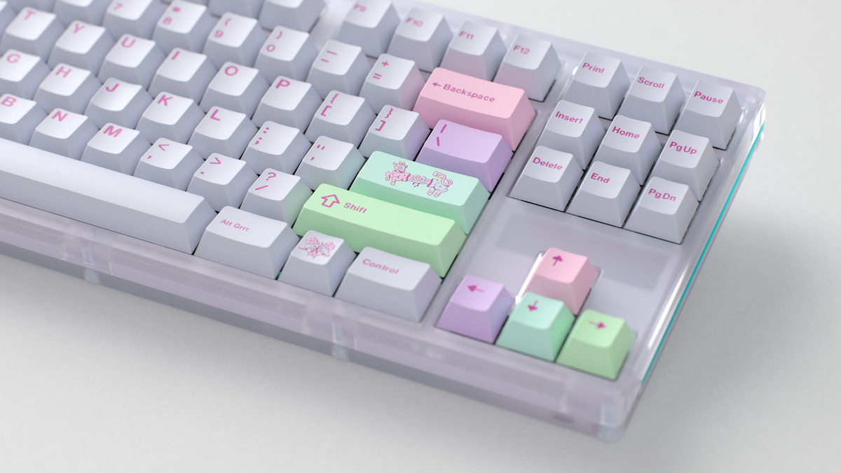  render of GMK CYL Gurokawa on a greenish and silver keyboard close up on right side 