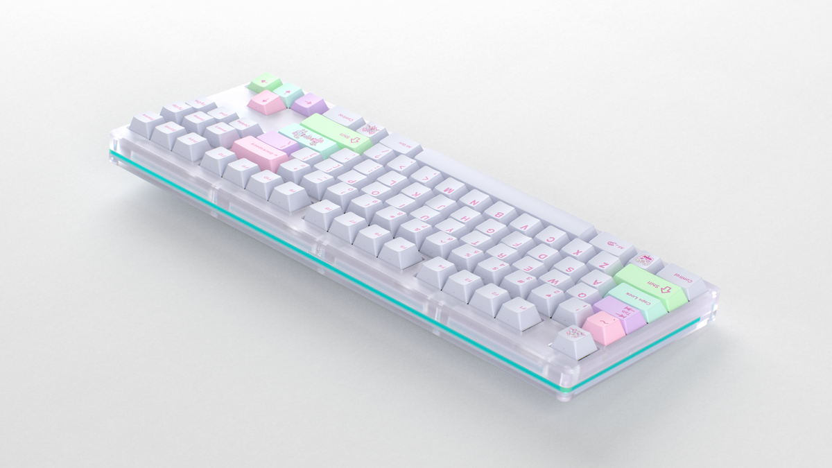  render of GMK CYL Gurokawa on a clear and teal keyboard back view angled 