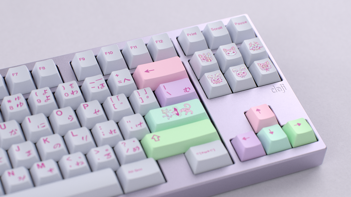  render of GMK CYL Gurokawa on a purple keyboard close up on right side 