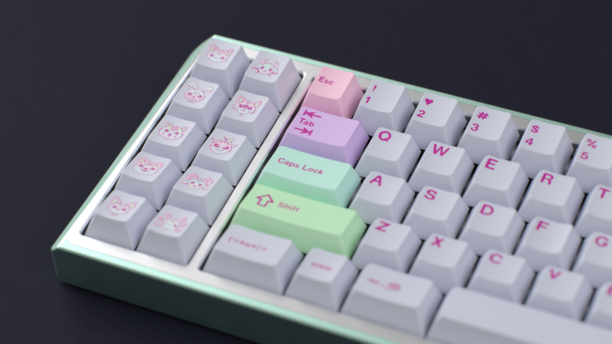  render of GMK CYL Gurokawa on a greenish and silver keyboard 