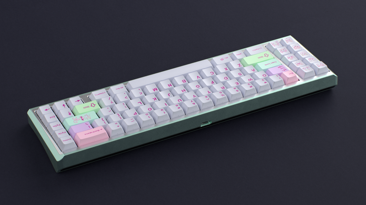  render of GMK CYL Gurokawa on a greenish and silver keyboard back view 