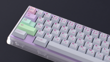 Load image into Gallery viewer, render of GMK CYL Gurokawa on a Keycult Zero keyboard with PC case and purple WKL Accent Bar close up on left side