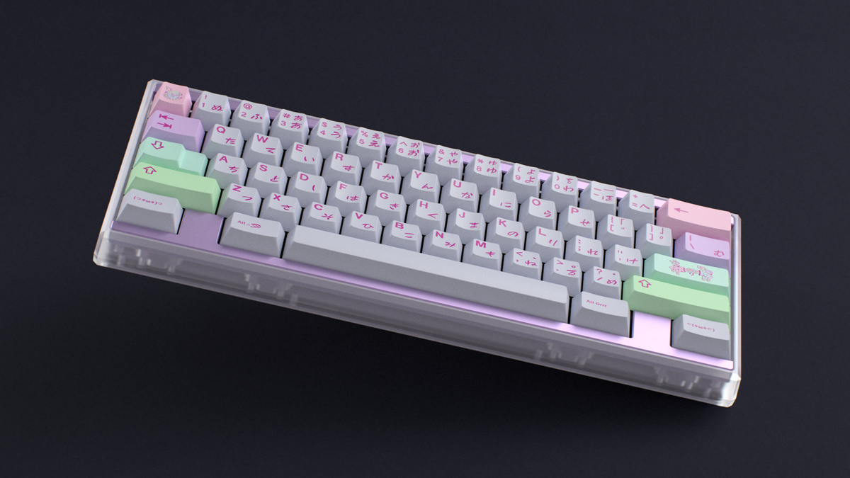  render of GMK CYL Gurokawa on a Keycult Zero keyboard with PC case and purple WKL Accent Bar 