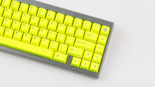 Load image into Gallery viewer, GMK CYL Hi! Viz R2 neon yellow keycaps on gray Classic TKL keyboard, angled view