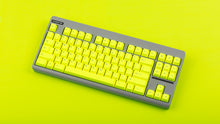 Load image into Gallery viewer, GMK CYL Hi! Viz R2 neon yellow keycaps on gray Classic TKL keyboard, detail shot