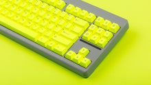Load image into Gallery viewer, GMK CYL Hi! Viz R2 neon yellow keycaps on gray Classic TKL keyboard, top-down view