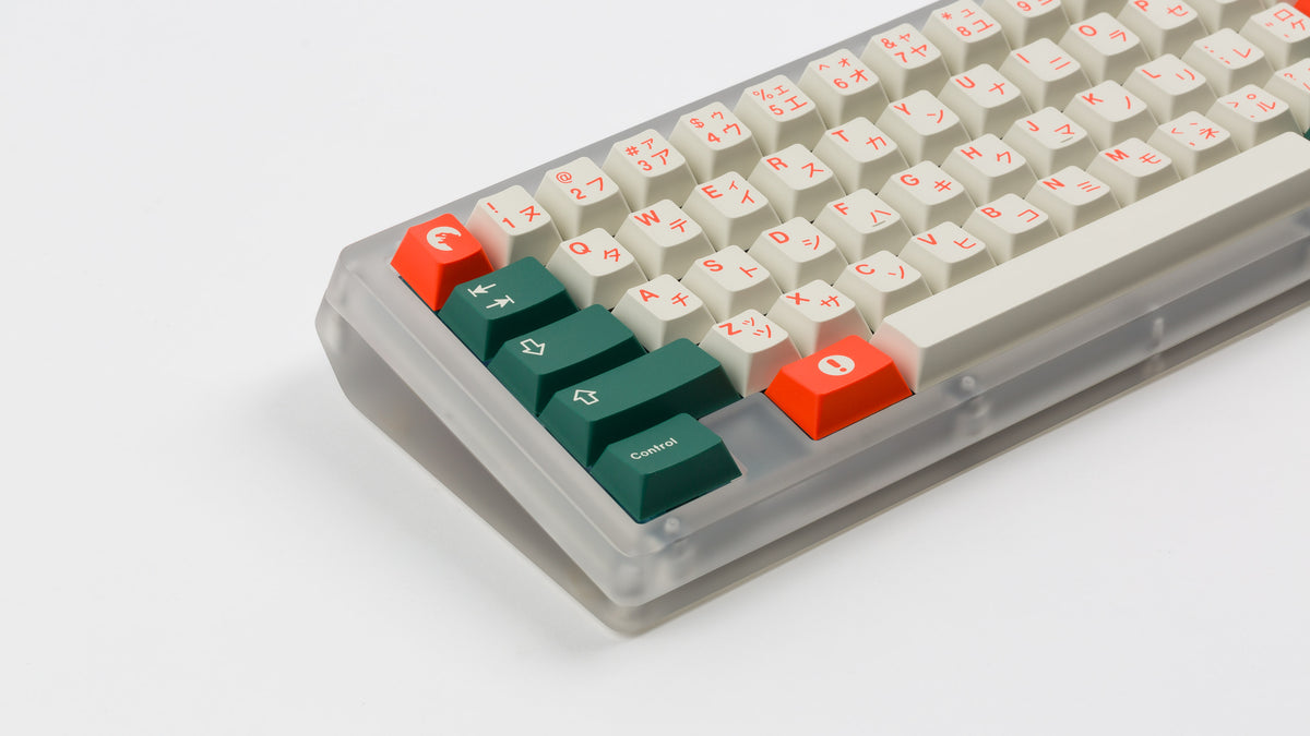  GMK CYL Kaiju Part Deux on translucent keyboard zoomed in on left 
