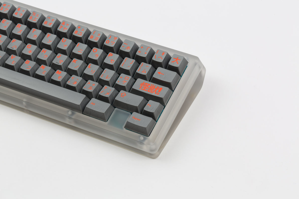  GMK CYL Kaiju Part Deux mecha base on translucent keyboard zoomed in on right 