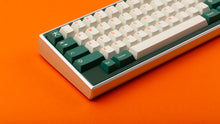Load image into Gallery viewer, GMK CYL Kaiju R3 hiragana base keycaps close-up of left side on silver 65% keyboard, orange background