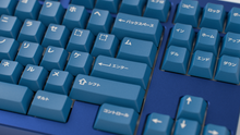 Load image into Gallery viewer, render of GMK CYL Masterpiece R2 keycaps on blue F1-8X keyboard, close-up view