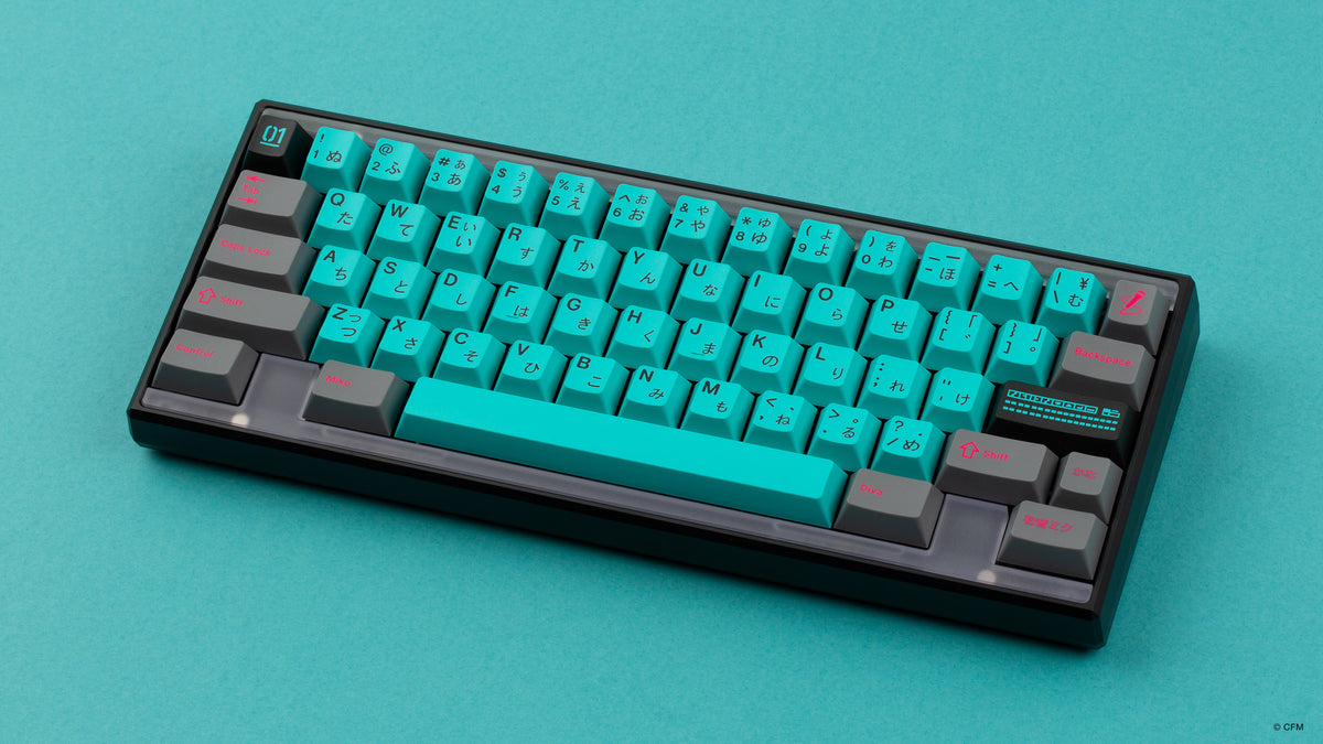  GMK CYL Hatsune Miku on a black Keycult Zero angled 