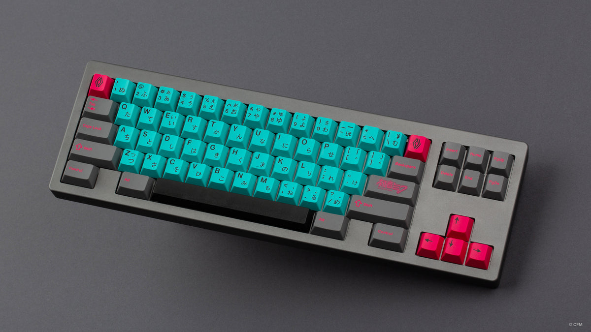  GMK CYL Hatsune Miku on a grey keyboard angled 