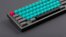 Load image into Gallery viewer, GMK CYL Hatsune Miku on a grey keyboard close up on left side
