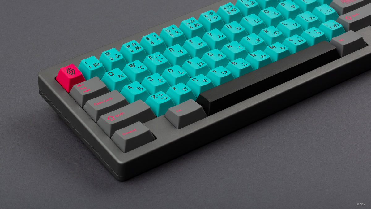  GMK CYL Hatsune Miku on a grey keyboard close up on left side 