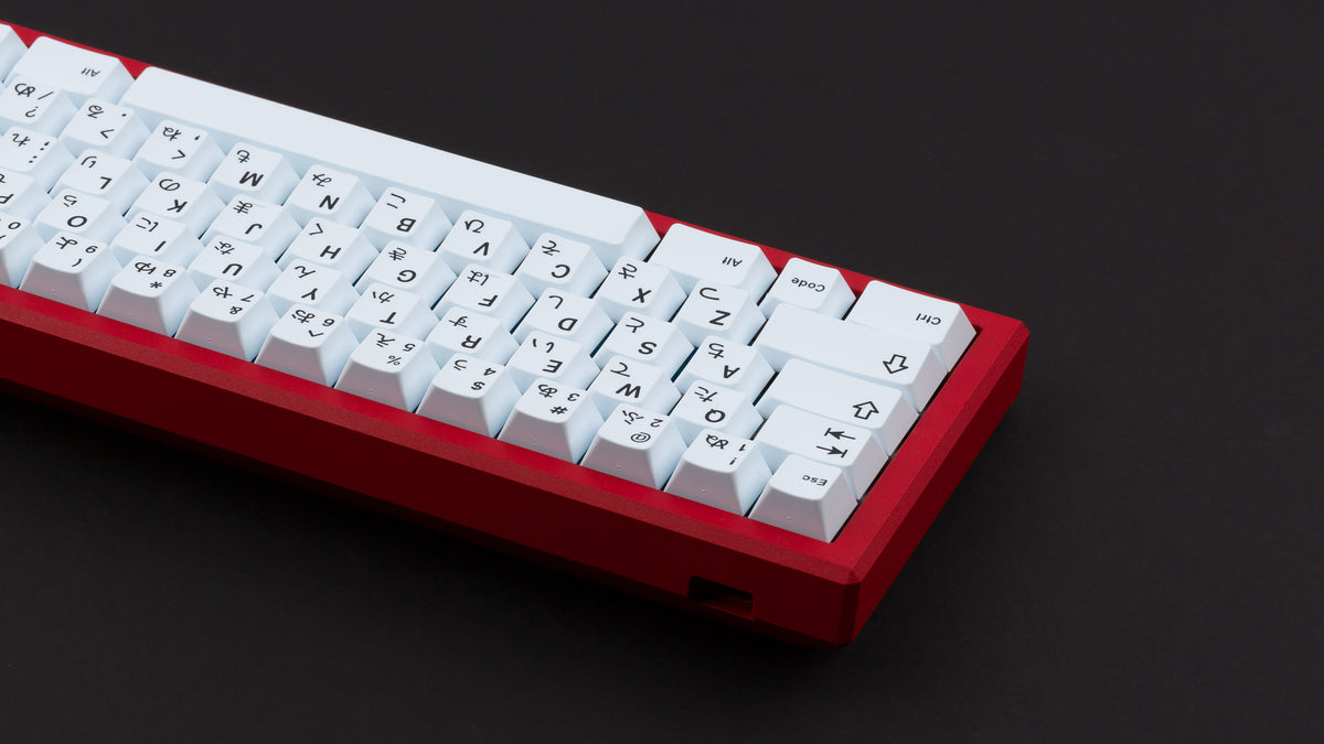  GMK CYL Modern Ink on a red keyboard back view zoome din on left side 