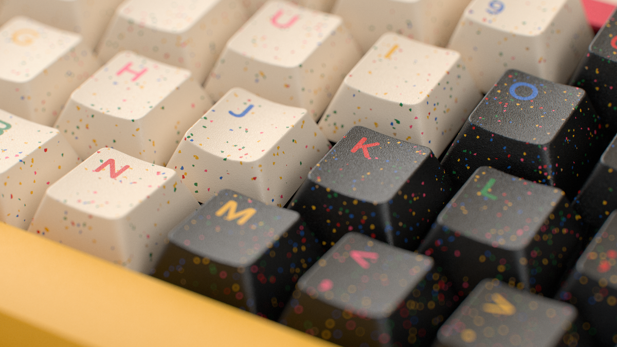  render of GMK CYL Motif close up in confetti keycaps 