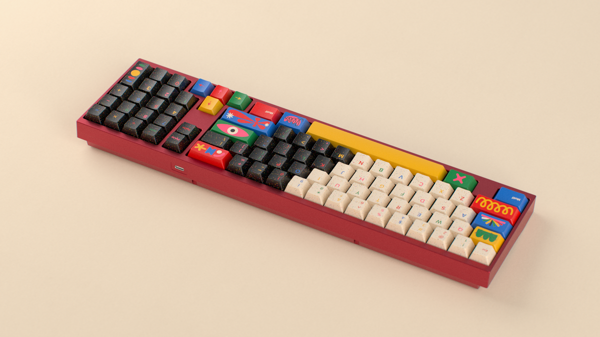  render of GMK CYL Motif on a red Hiney Ibis back view 