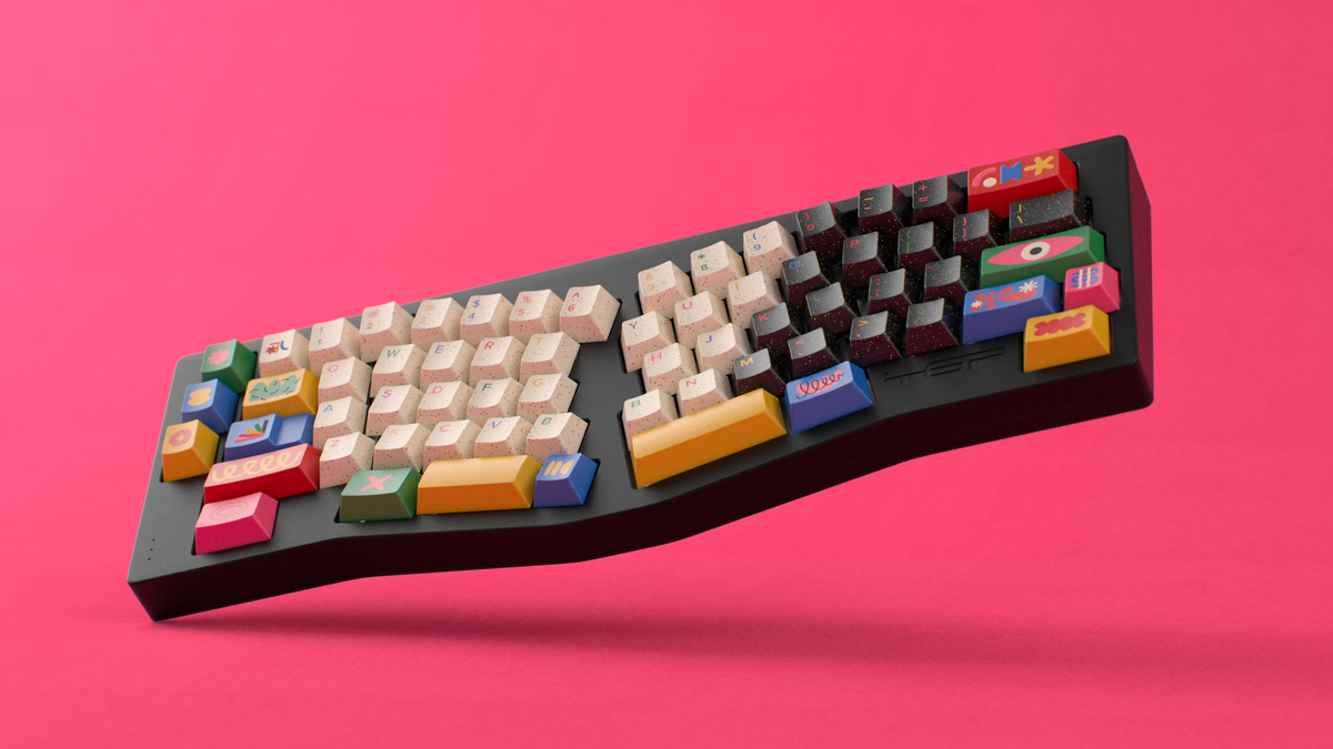  render of GMK CYL Motif on a black TGR Alice angled 