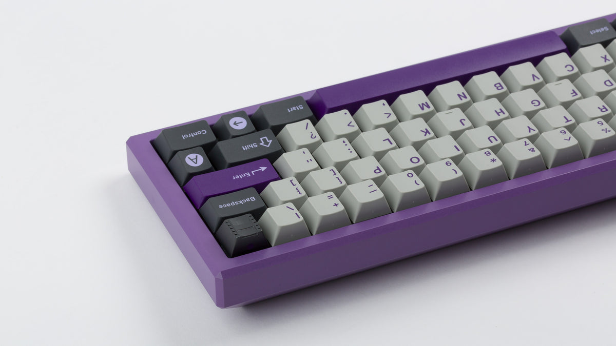 GMK CYK NTD on purple keyboard back view zoomed in on right side 