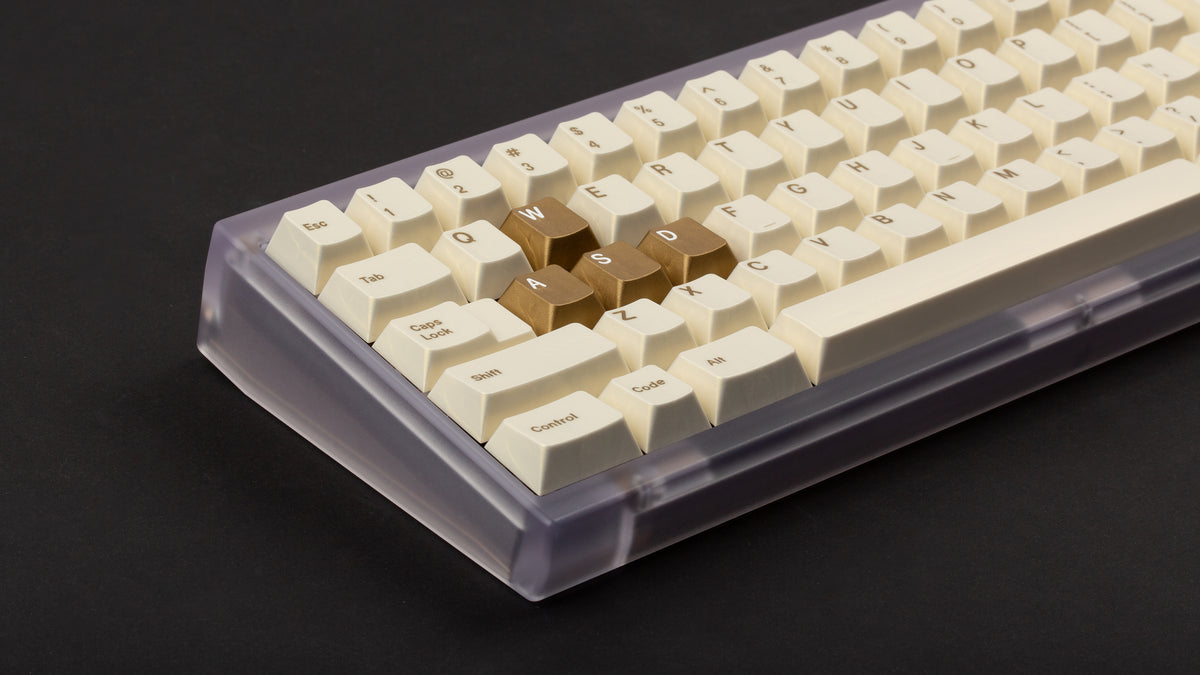  GMK CYL Rainbow 6 Siege - Winner's Circle on a Clear PC keyboard close up on left side angled 
