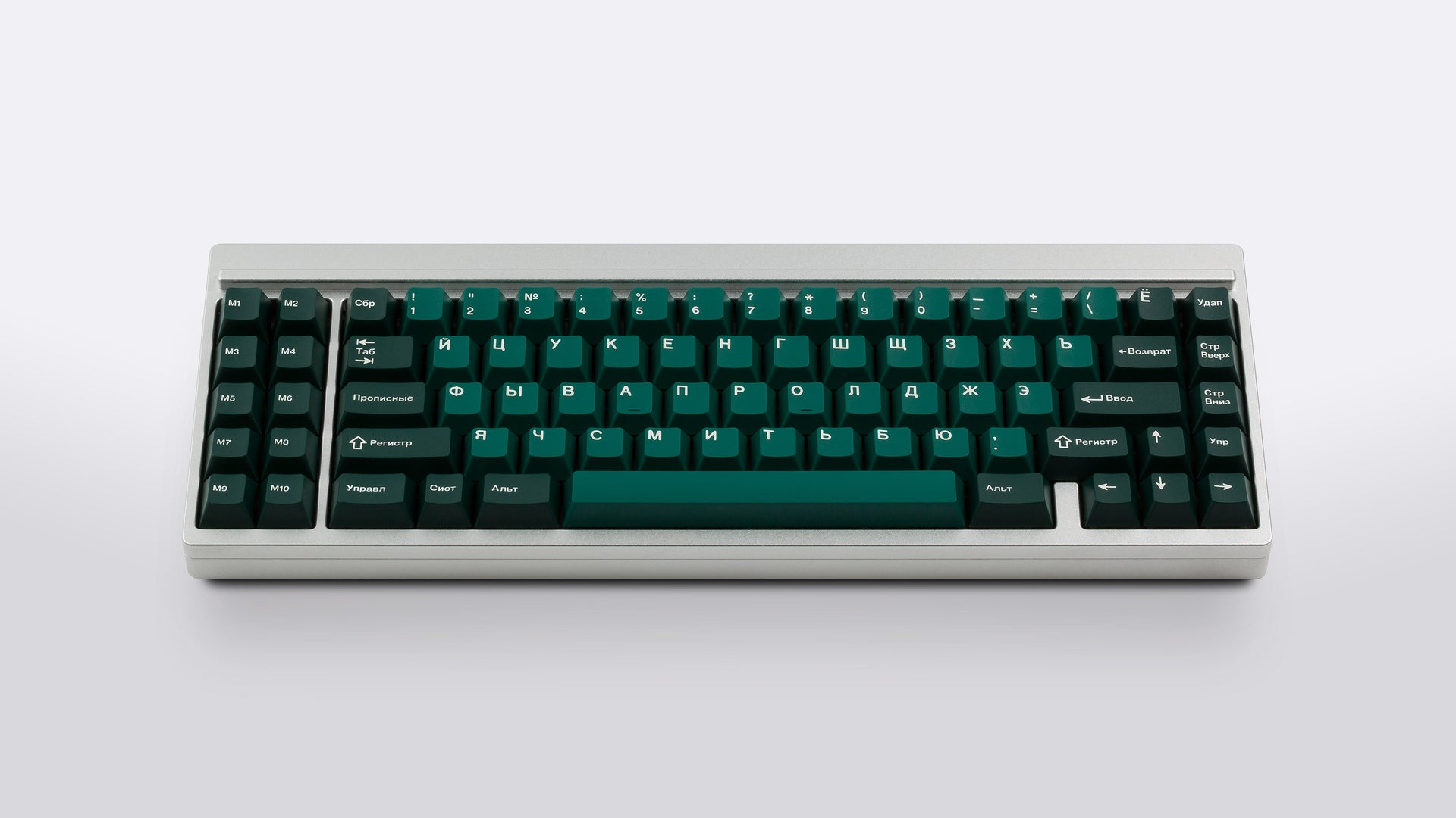 GMK CYL Taiga R2 keycaps on silver aluminum 1800-layout keyboard with macro column, frontal view