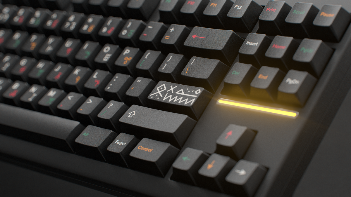  render of GMK CYL Tribal on a Black Classic TKL keyboard close up on right side 