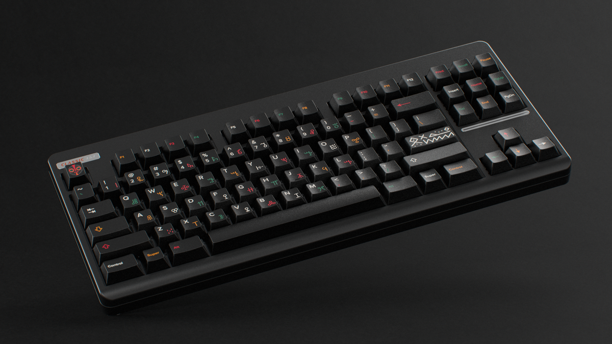  render of GMK CYL Tribal on a Black Classic TKLkeyboard angled 