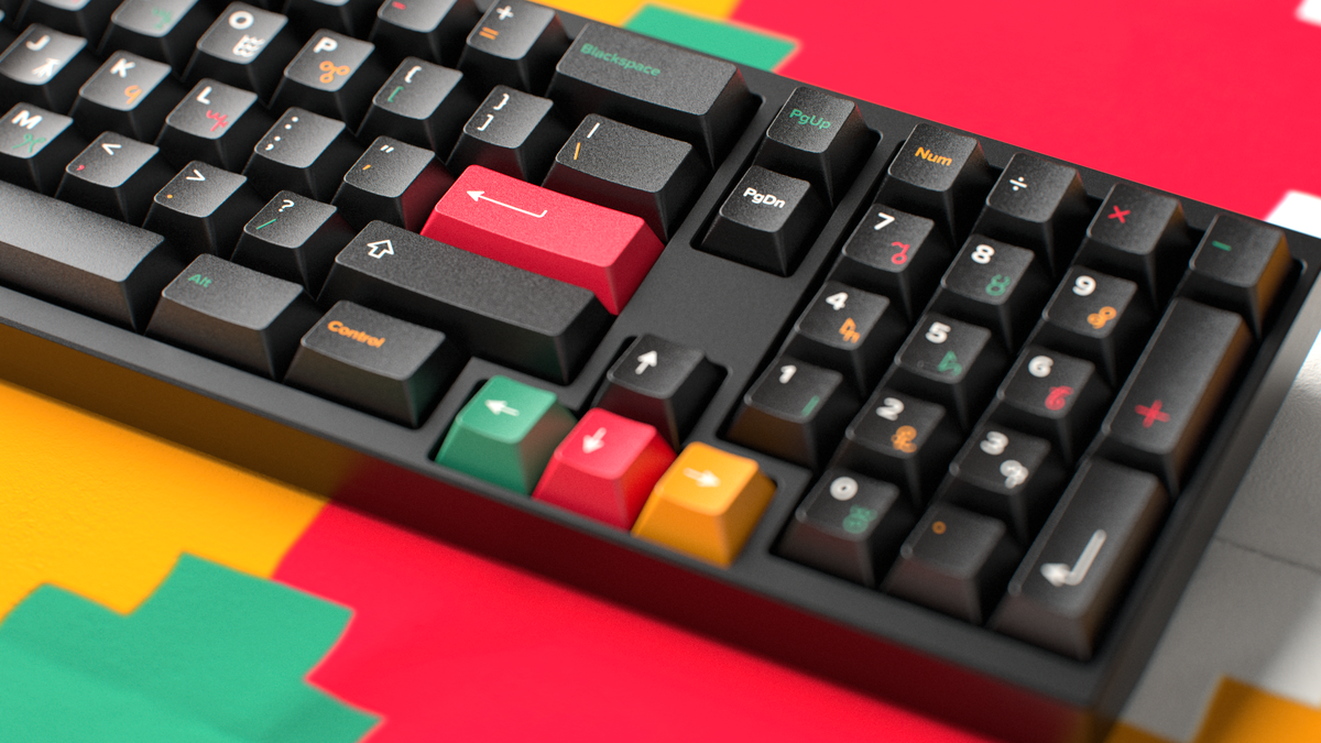  render of GMK CYL Tribal on a Black keyboard close up on right side 