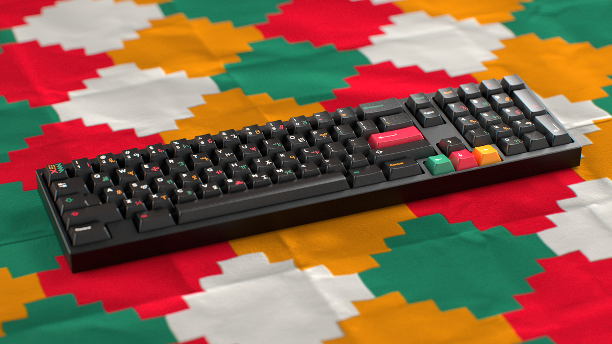  render of GMK CYL Tribal on a Black keyboard angled 