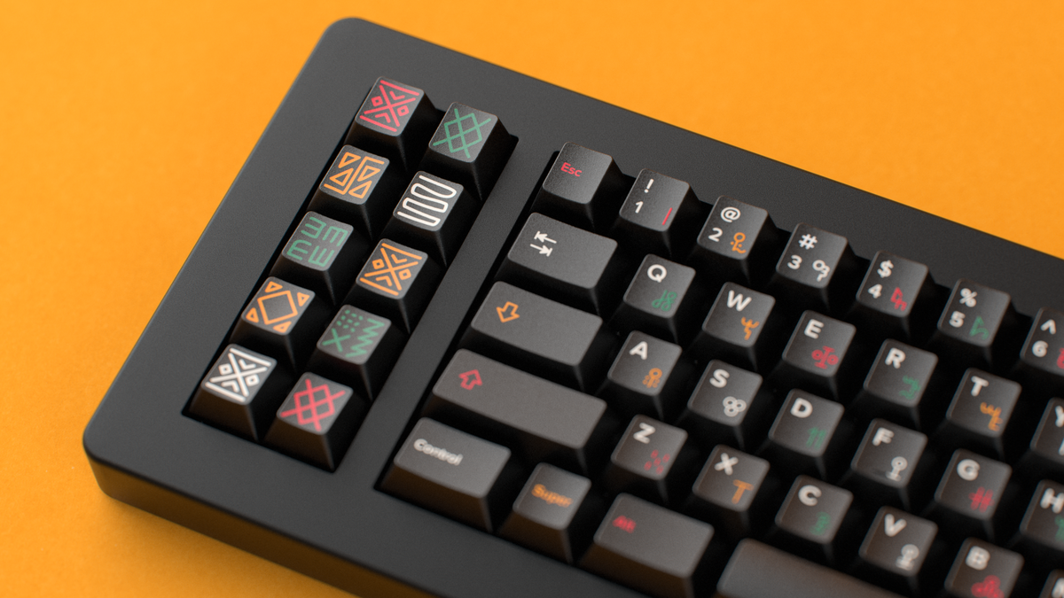  render of GMK CYL Tribal on a Black keyboard close up on left side 