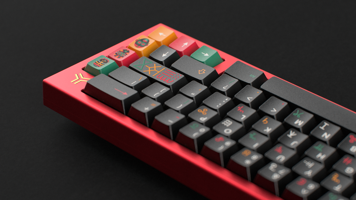  render of GMK CYL Tribal on a red keyboard back view angled 