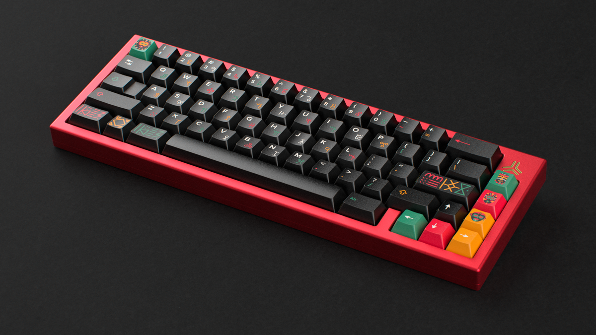  render of GMK CYL Tribal on a red keyboard angled 