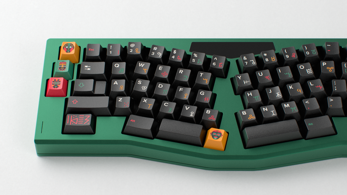  render of GMK CYL Tribal on a green keyboard close up on left side 