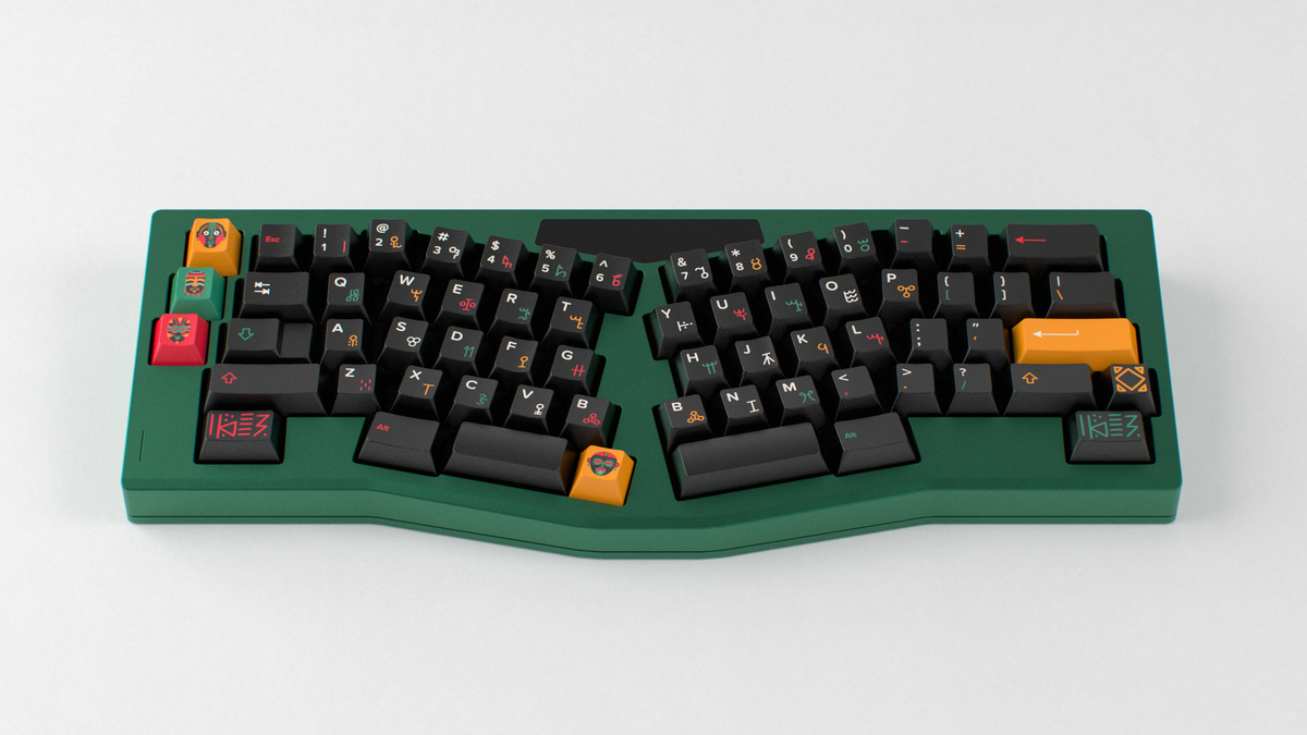  render of GMK CYL Tribal on a green keyboard 