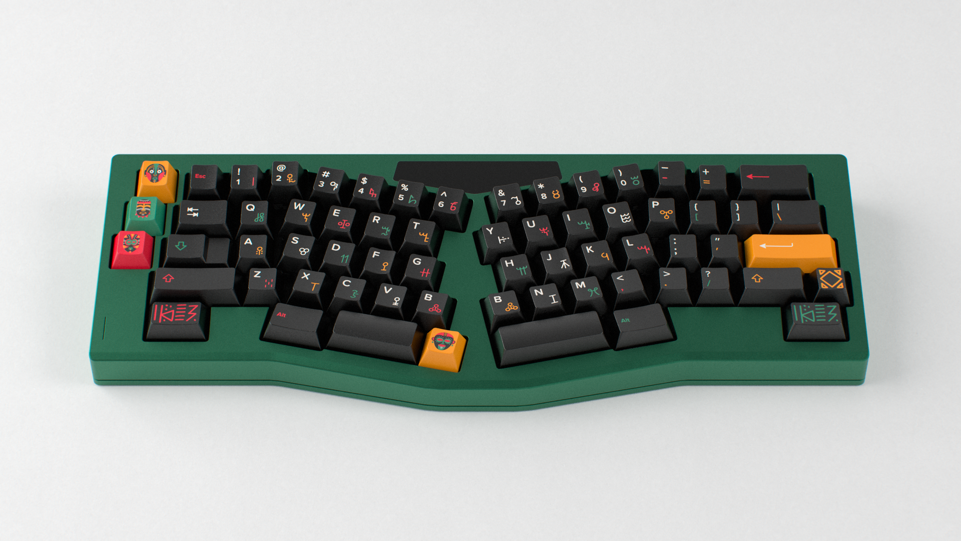 render of GMK CYL Tribal on a green keyboard